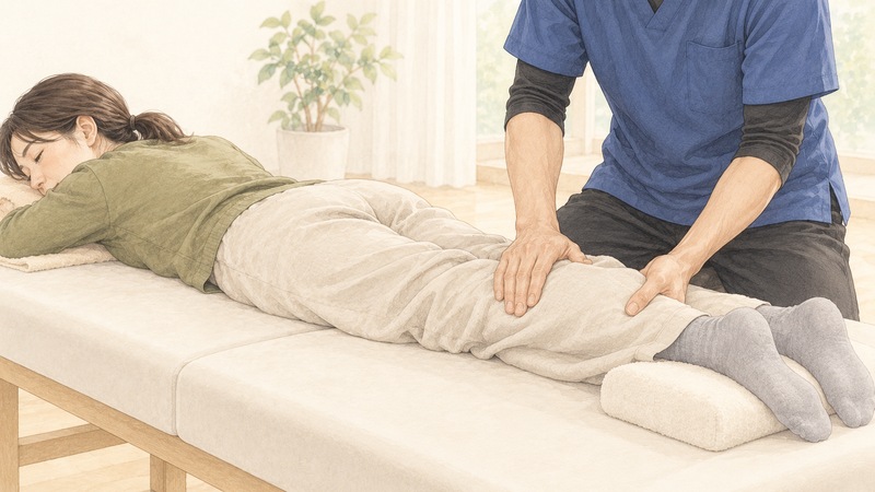 男性施術者が衣服の上からふくらはぎへ手を添えている、もみほぐしのイメージ