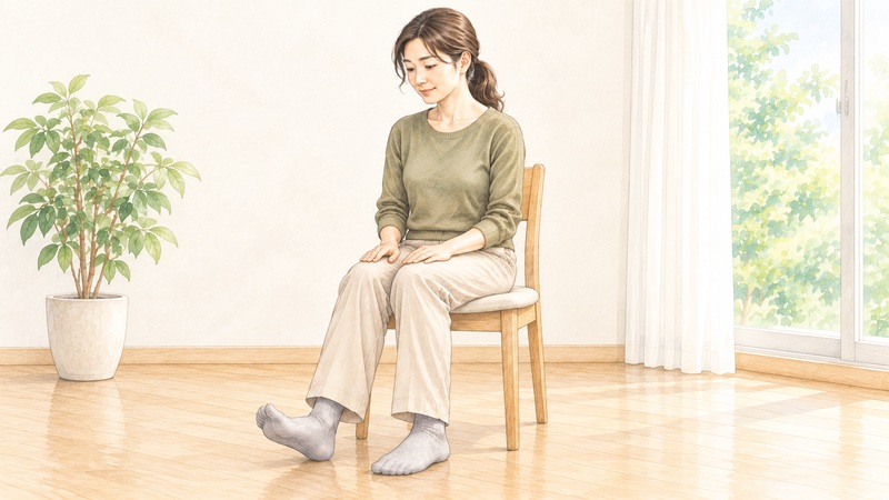 椅子に座り、かかとを床につけてつま先を軽く上げている成人女性のイメージ
