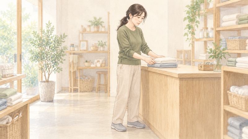 作業台の前で立ち仕事をしている成人女性のイメージ