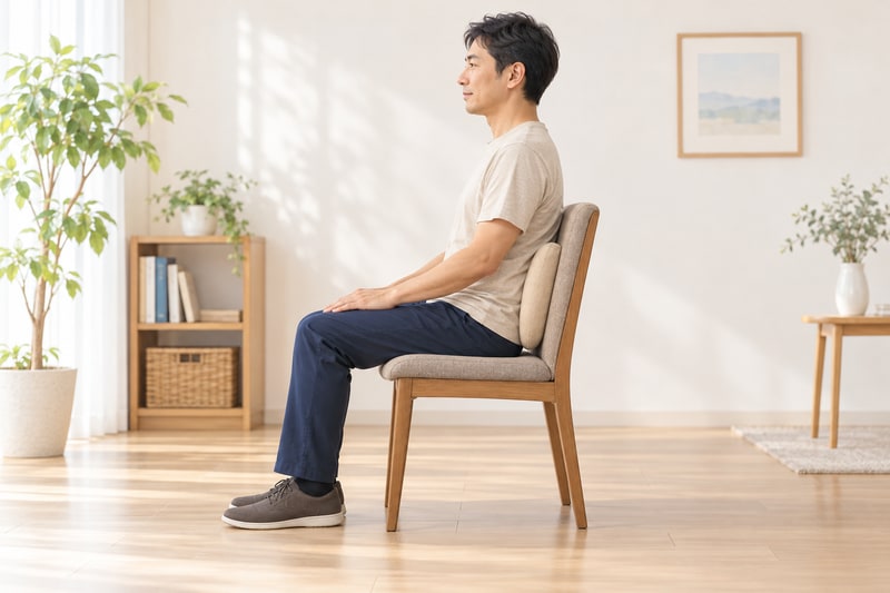 背もたれと小さなクッションを使い両足を床につけて座る男性のイラスト